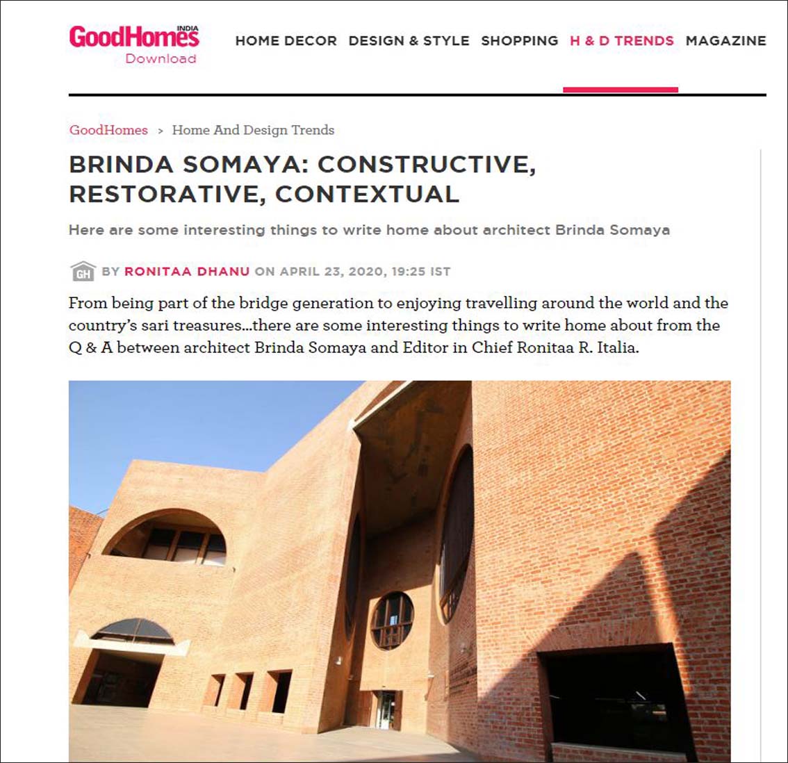 Brinda Somaya : Constructive, Restorative, Contextual - Home and Design Trends - April 2020